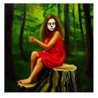 Skull-faced figure in orange robe on tree stump in misty forest