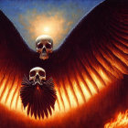 Fantasy image: Two skulls with wings, fiery backdrop, moon, flying creatures