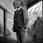 Monochrome faceless man in pinstripe suit with smoke head by house porch.