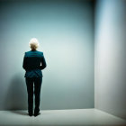 White Bob Haircut Person in Dark Suit Standing in Room with Cracked Walls