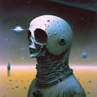 Surrealist artwork featuring skull-headed astronaut in desert landscape