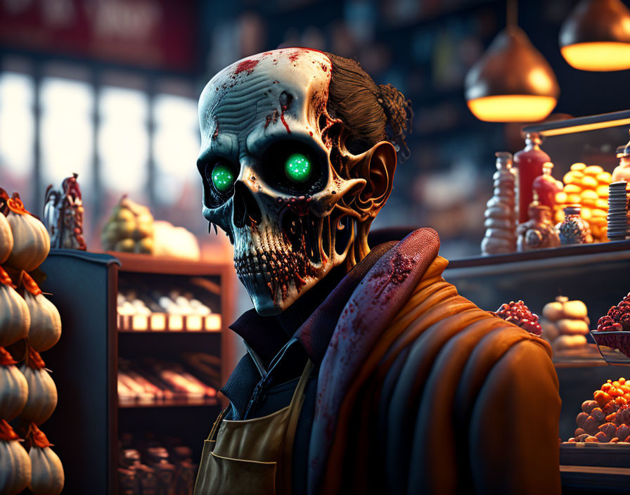 Skeleton with blood-stained skull in bakery with bread and cakes