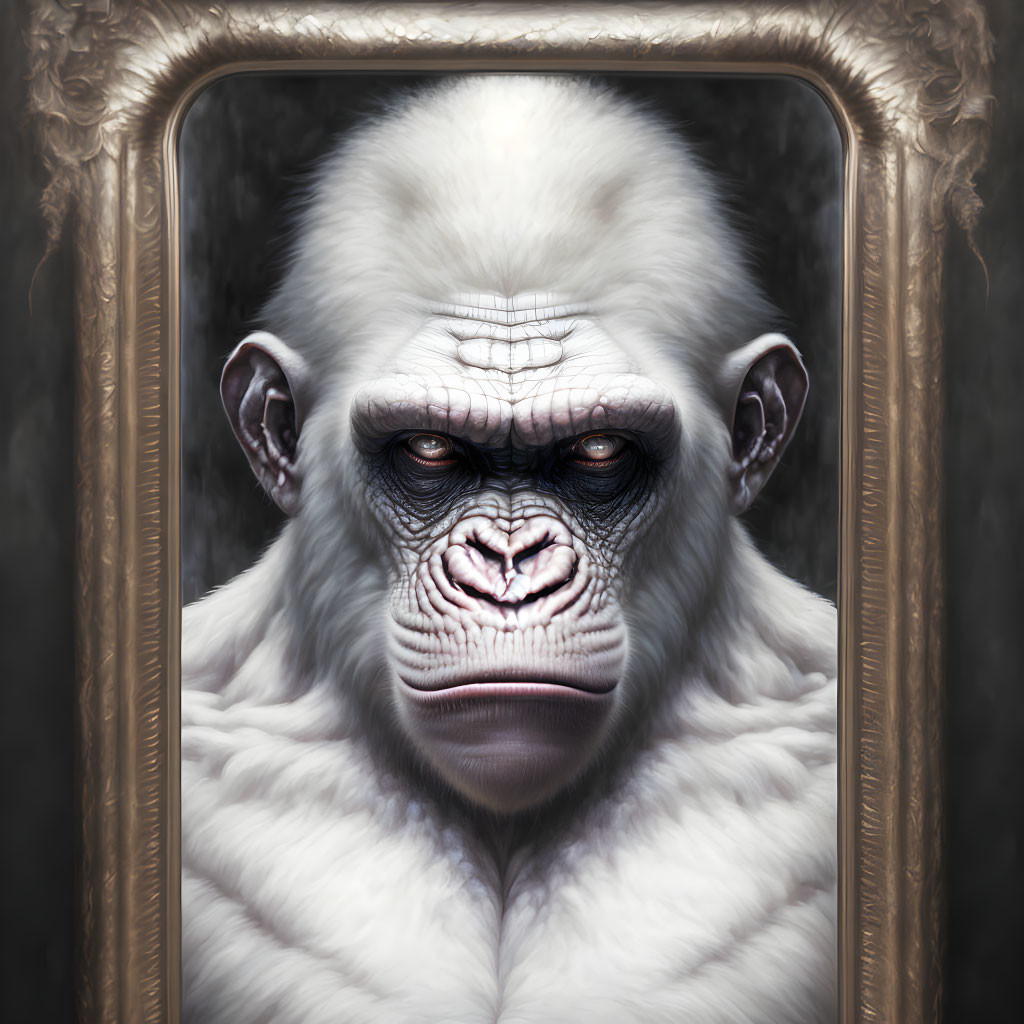 Detailed portrait of serious albino gorilla in golden frame