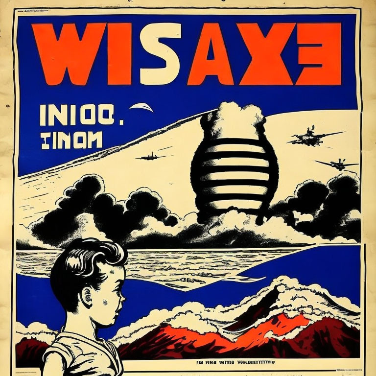 Vintage poster featuring "WISAXE" text, barrel, planes, person observing a volcanic eruption