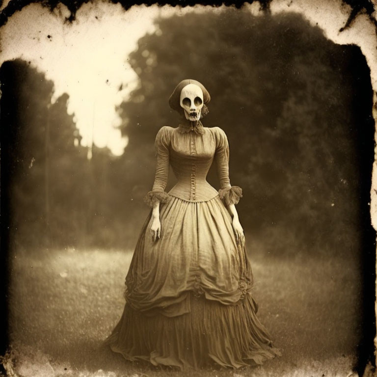 Vintage-style sepia photo: Person in skull mask and antique gown in dreamy outdoor scene