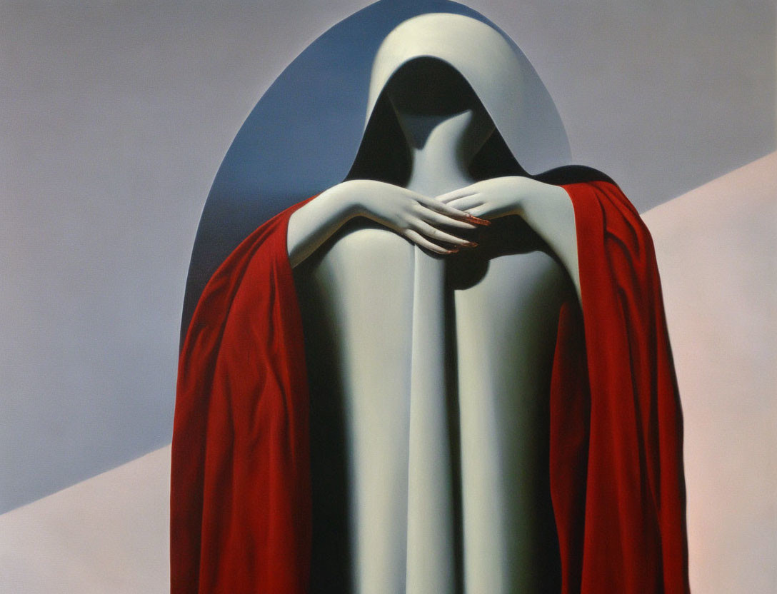 Surreal painting of faceless figure in red cloak on geometric backdrop