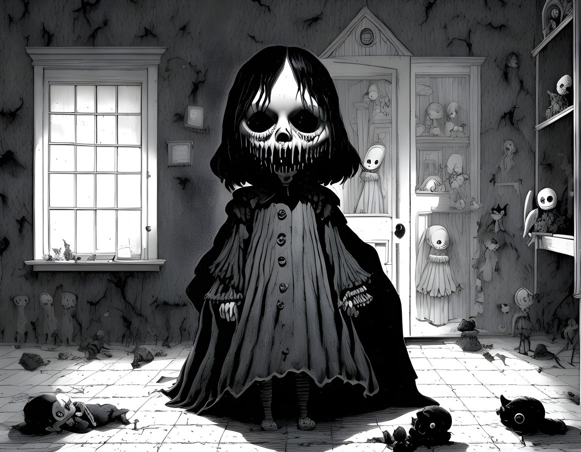 Monochrome illustration of spooky room with hooded figure and eerie dolls.