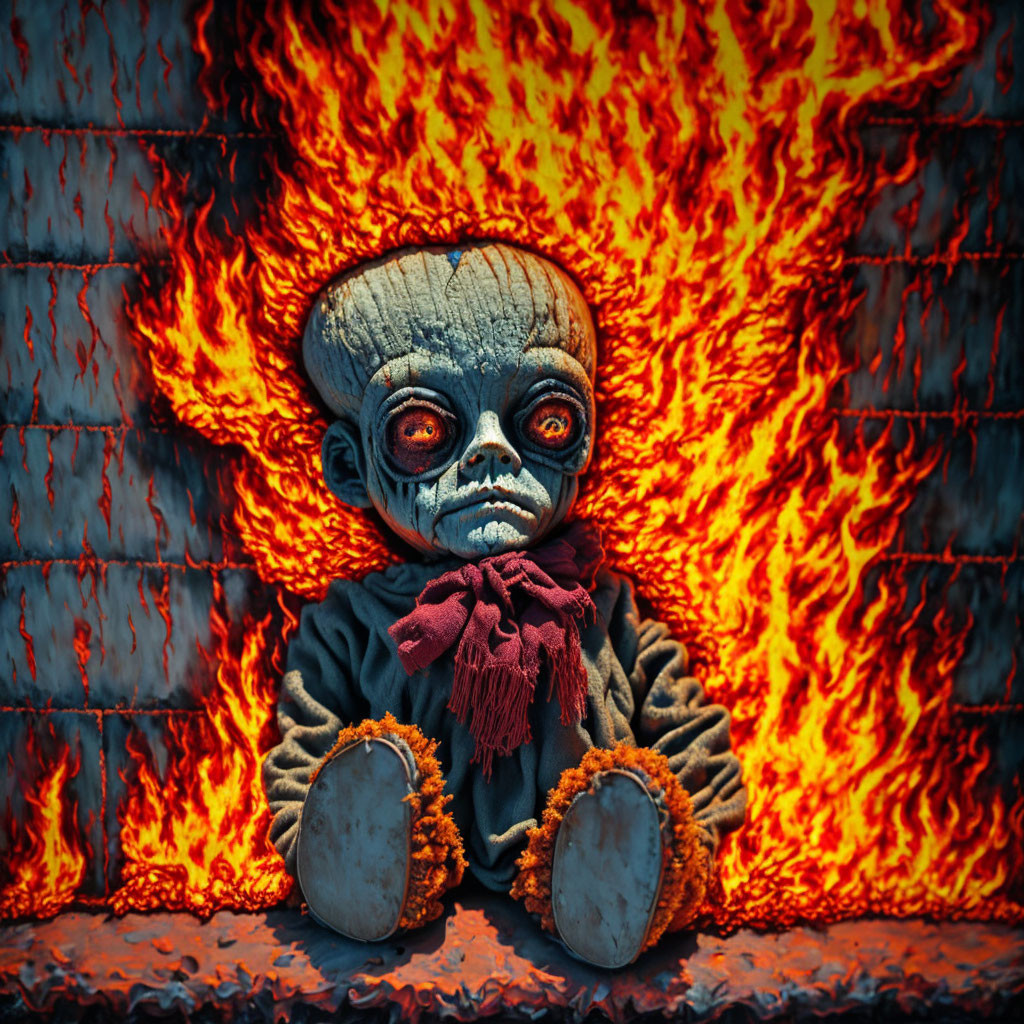 Skull-faced doll with red eyes in fiery background wearing striped outfit