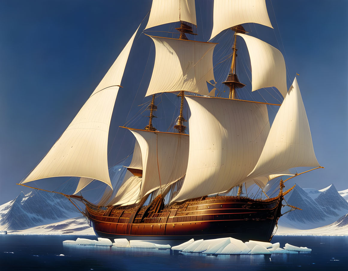 Tall ship with unfurled sails in icy waters with snow-capped mountains