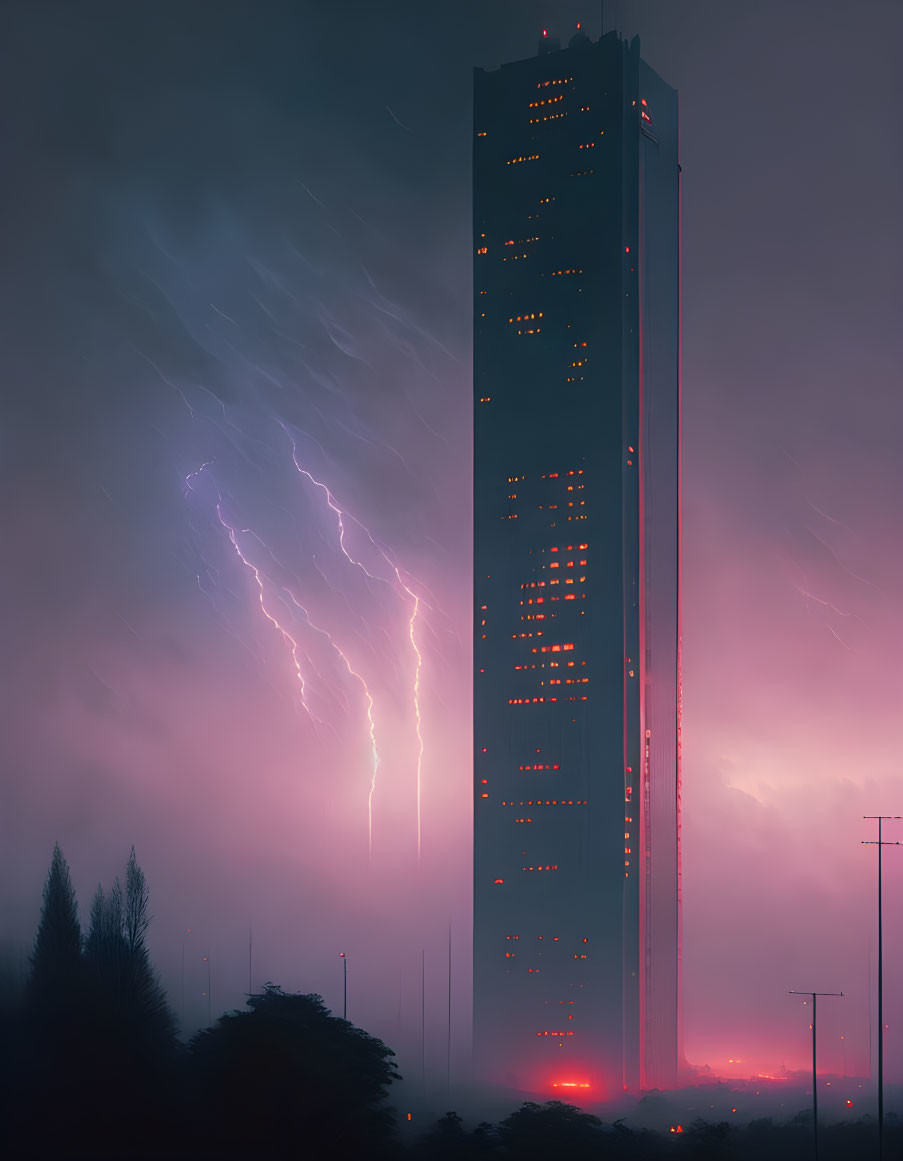 Dramatic skyscraper with red accents under stormy sky