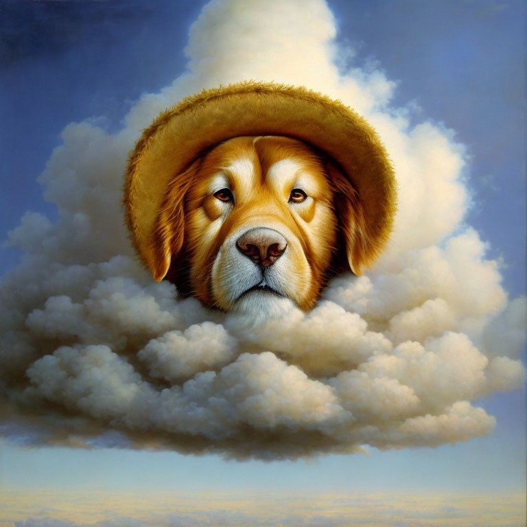 Golden Retriever Head in Cloud with Halo on Blue Sky