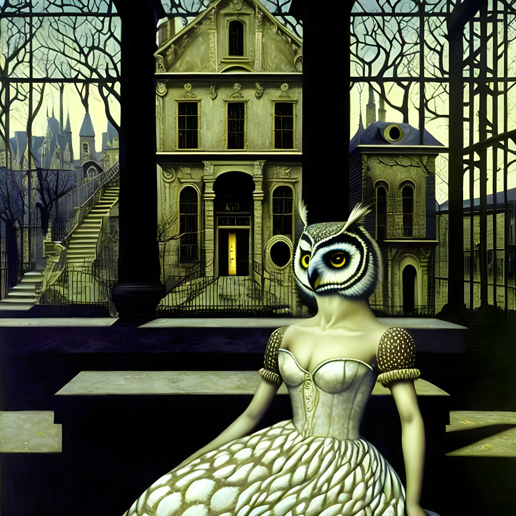 Anthropomorphic owl in vintage dress by spooky mansion at twilight