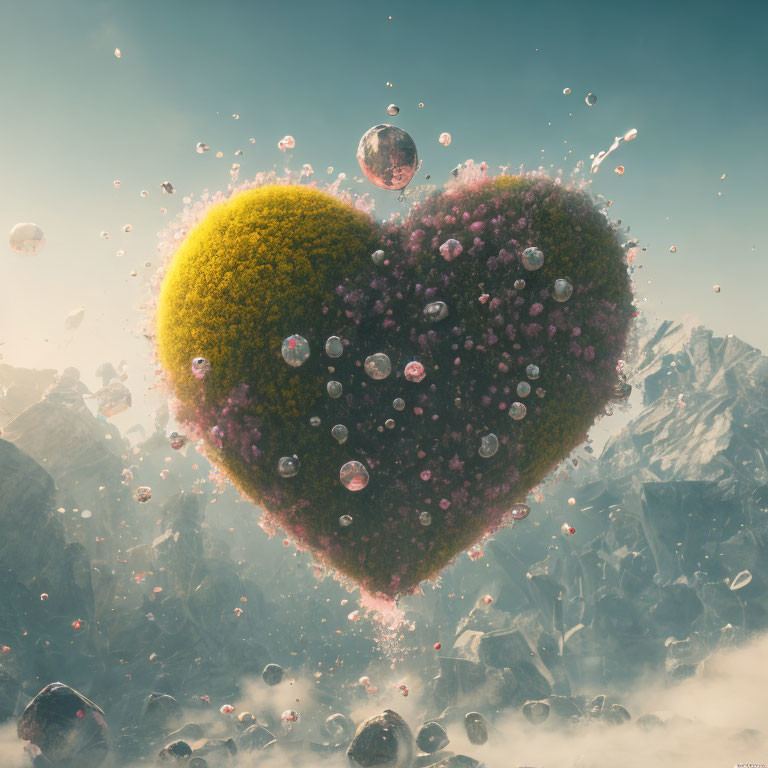 Heart-shaped island with green and pink foliage amidst rocks and bubbles under hazy sky.