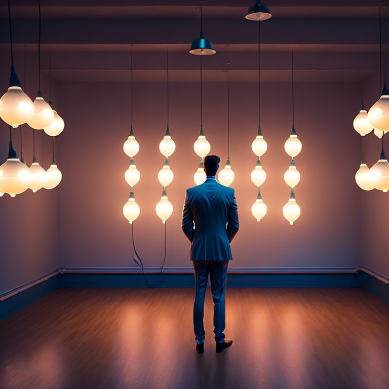 Man in suit gazes at illuminated hanging lightbulbs in dim room