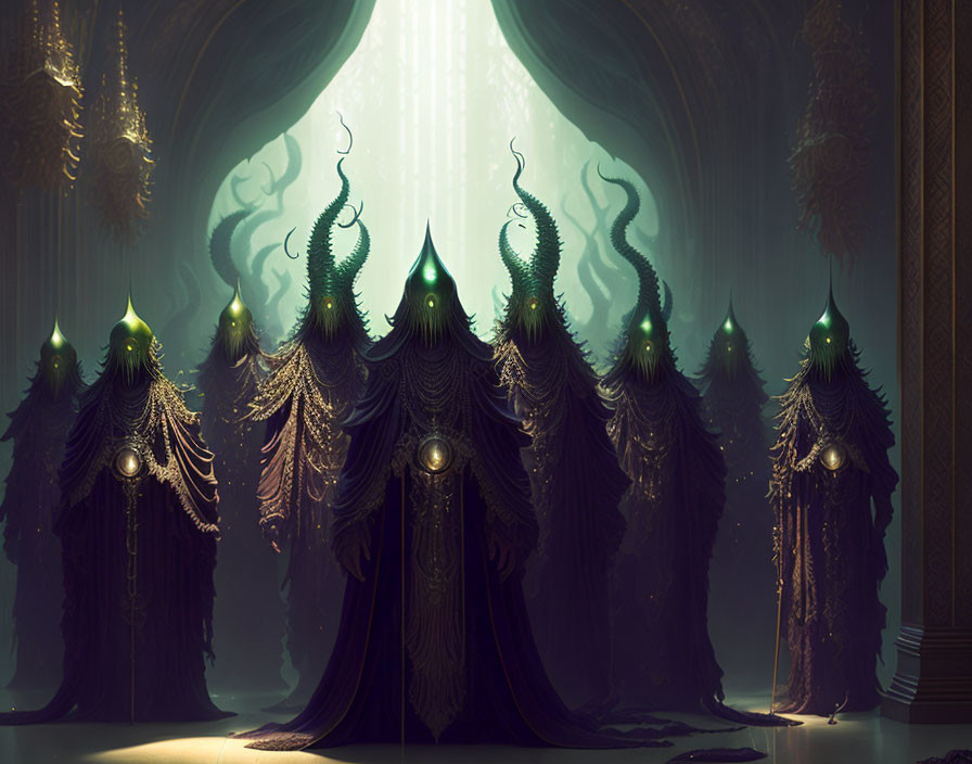 Mysterious robed figures with green pendants in dimly lit hall