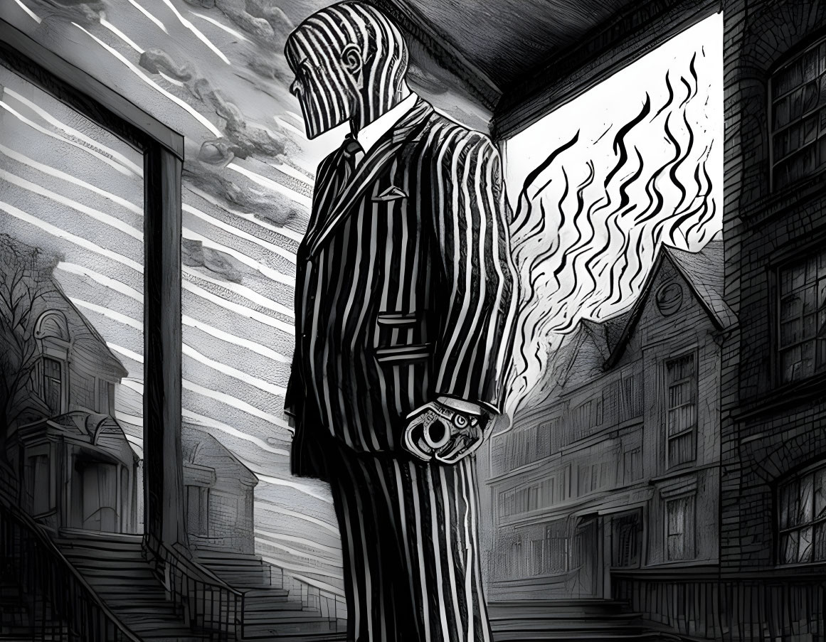 Monochrome faceless man in pinstripe suit with smoke head by house porch.