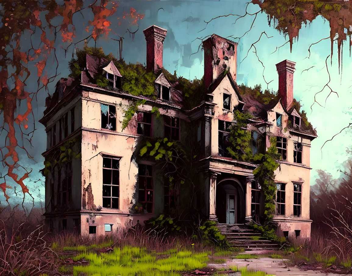 Abandoned mansion with ivy, cracked walls, and shattered windows