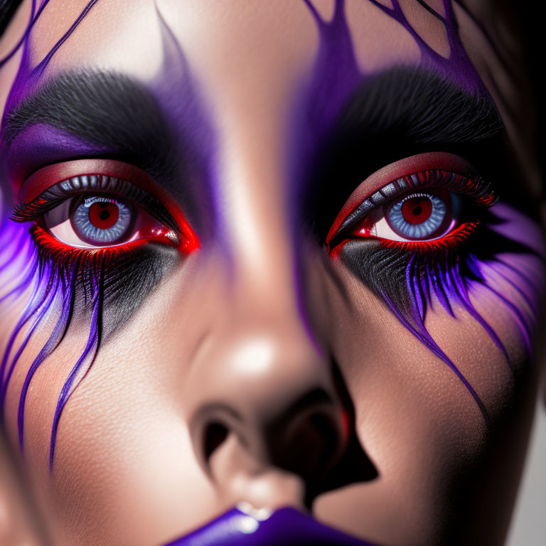 Detailed close-up of person with dramatic purple makeup and bright red eyes.