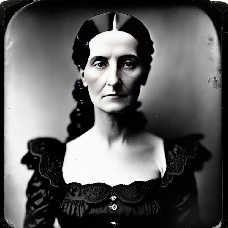 Monochrome portrait of woman with center-parted hair in dark dress