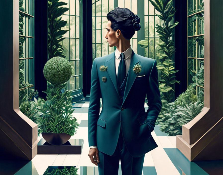 Stylish individual in teal suit with elaborate hairstyle in lush greenhouse