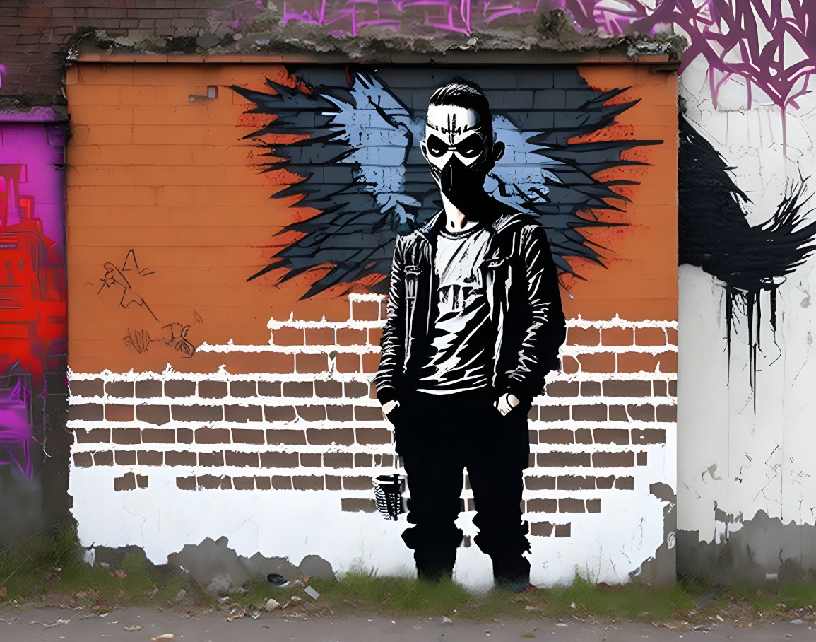 Person stands against wall with vibrant graffiti mural resembling wings