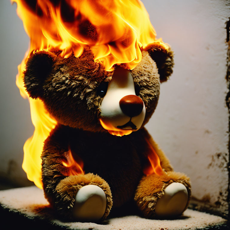 Teddy bear on fire against wall with a sad expression