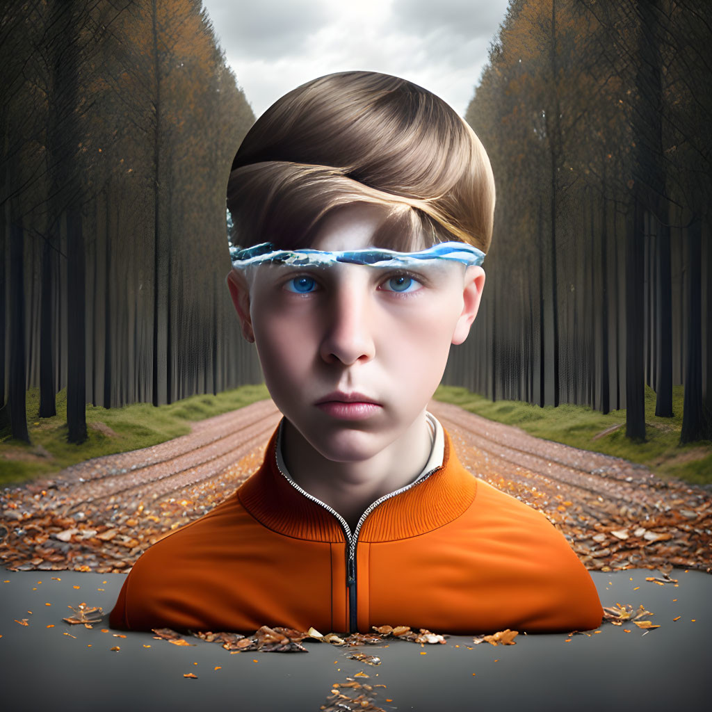 Surreal artwork: boy with landscape forehead, tree-lined path, human-nature blend, ominous