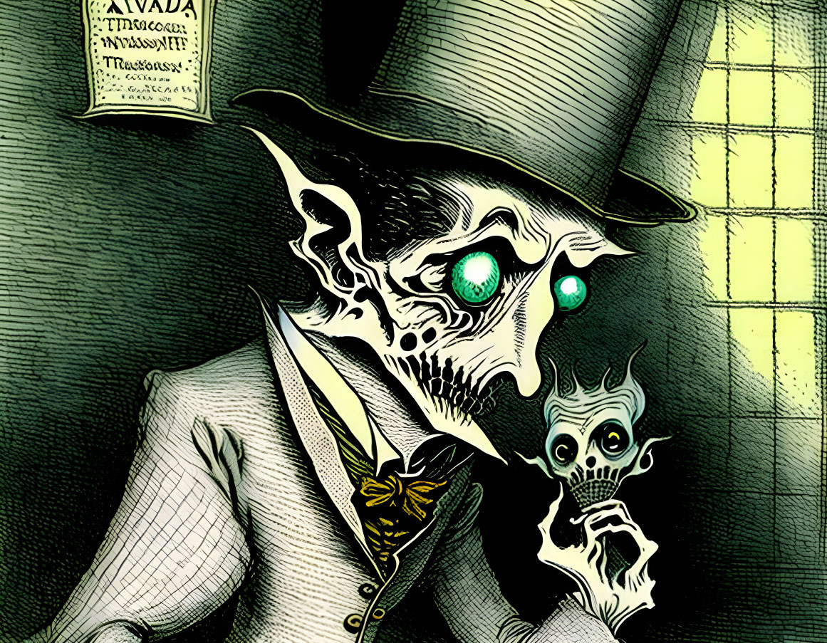 Gothic Skeleton in Top Hat and Suit with Green Eyes Holding Skull