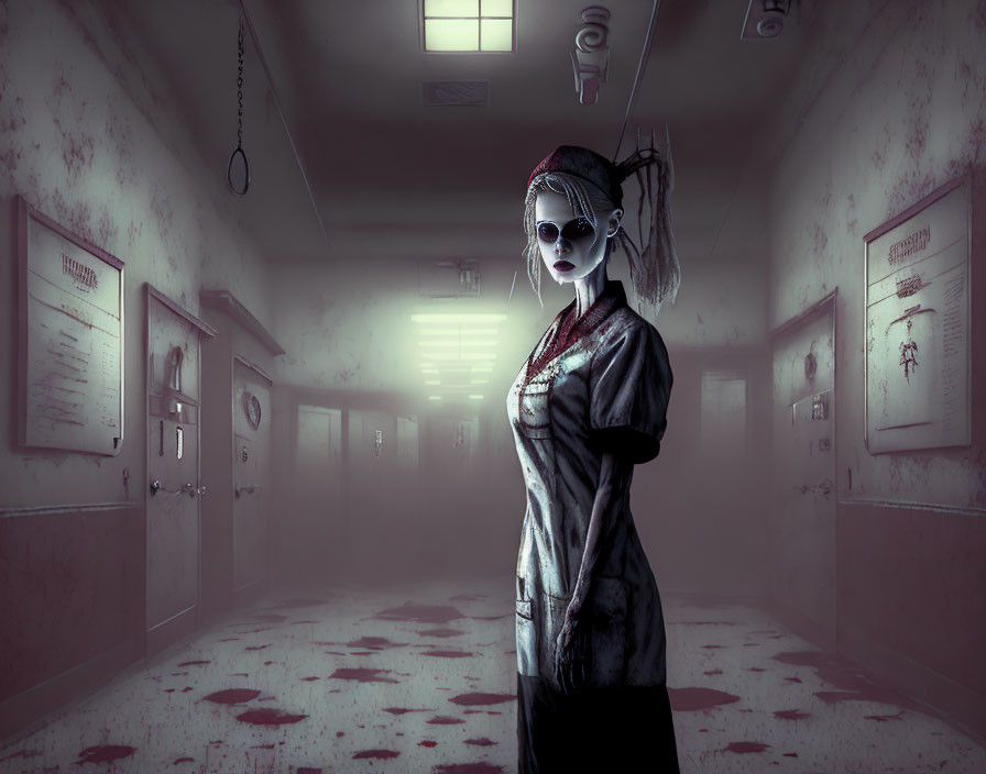 Zombie Nurse in Dimly Lit Hospital Corridor