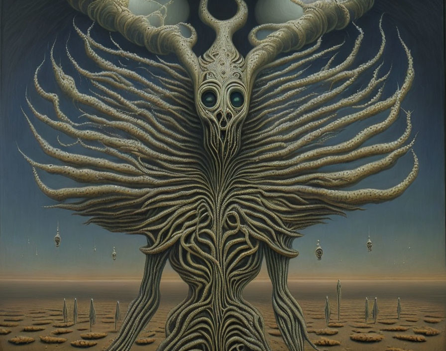 Surreal artwork of tree-like figure with tentacle branches and multiple eyes in desolate landscape.