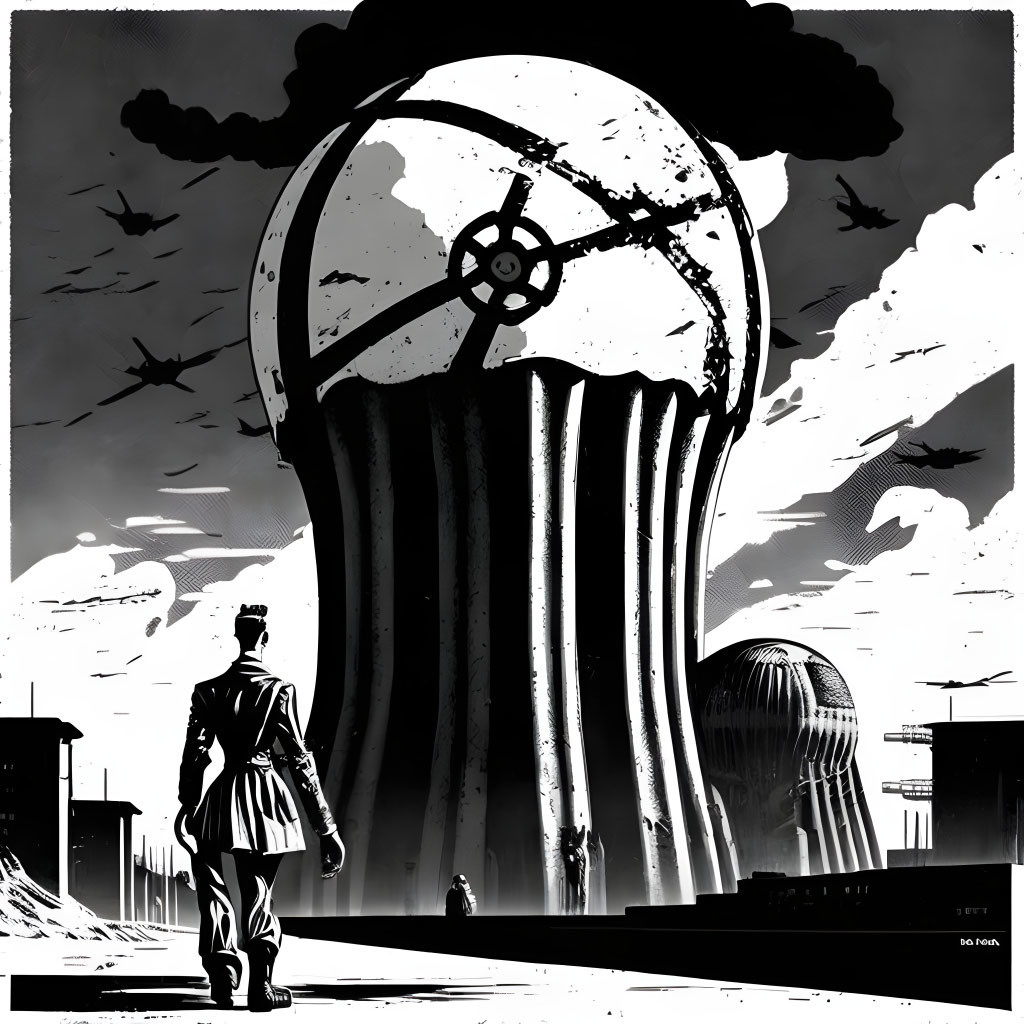 Monochrome illustration of person facing nuclear mushroom cloud