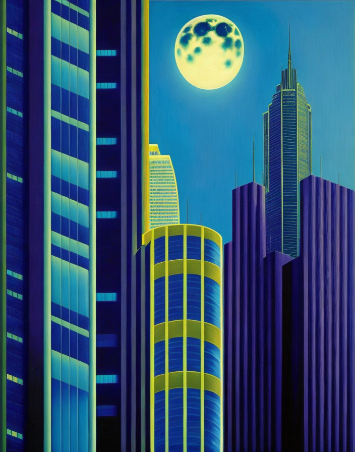 Nighttime cityscape artwork featuring skyscrapers, full moon, and blue tones