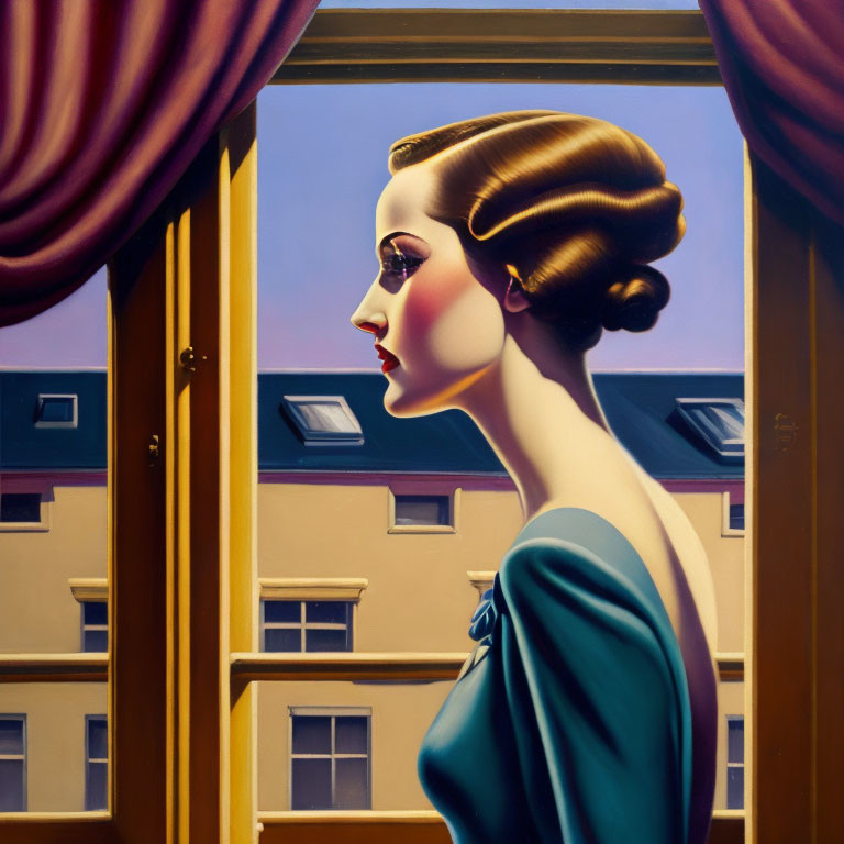 Stylized portrait of woman with vintage hairstyle by window with red curtains