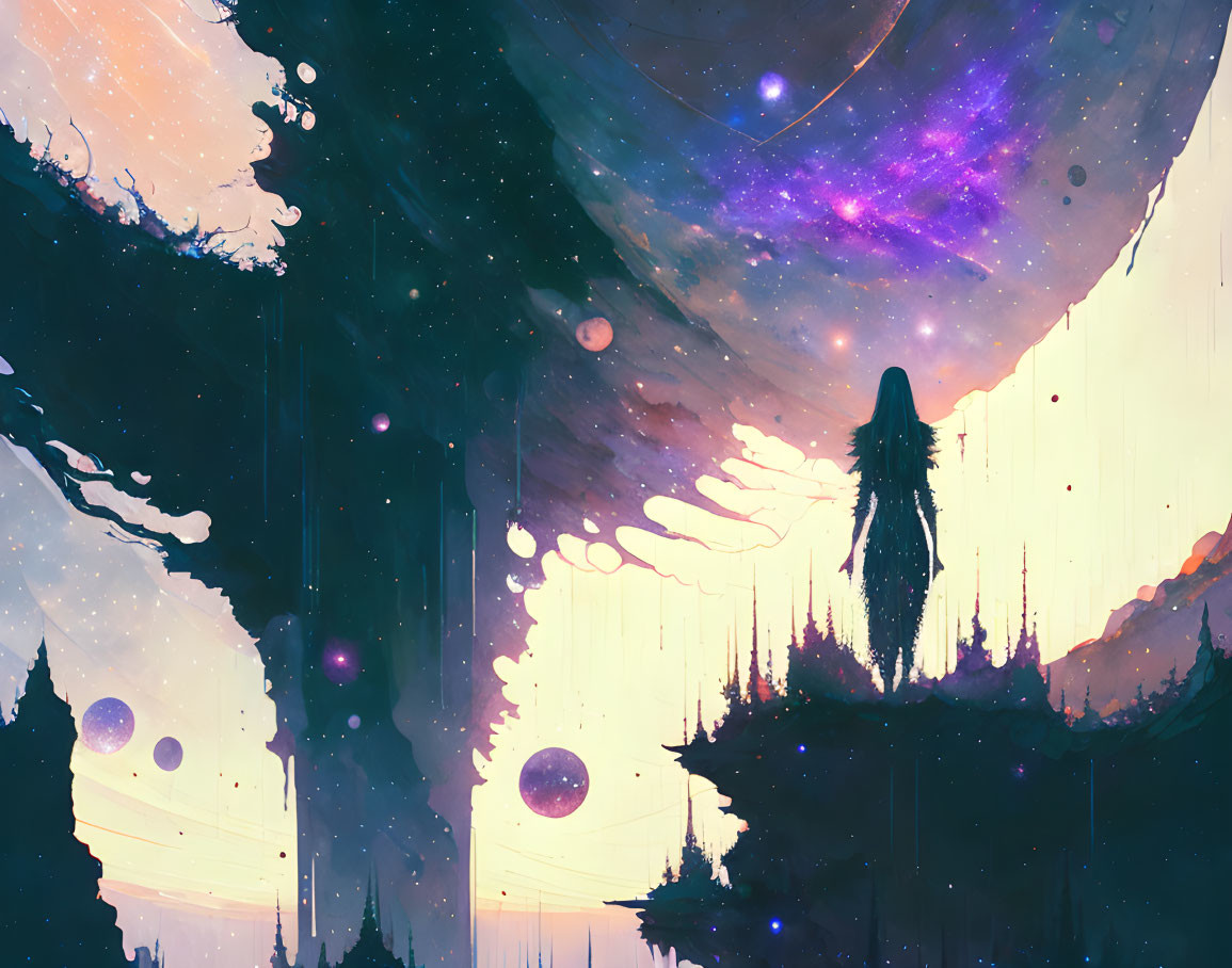 Person silhouette in surreal cosmic landscape with colorful sky and ethereal trees