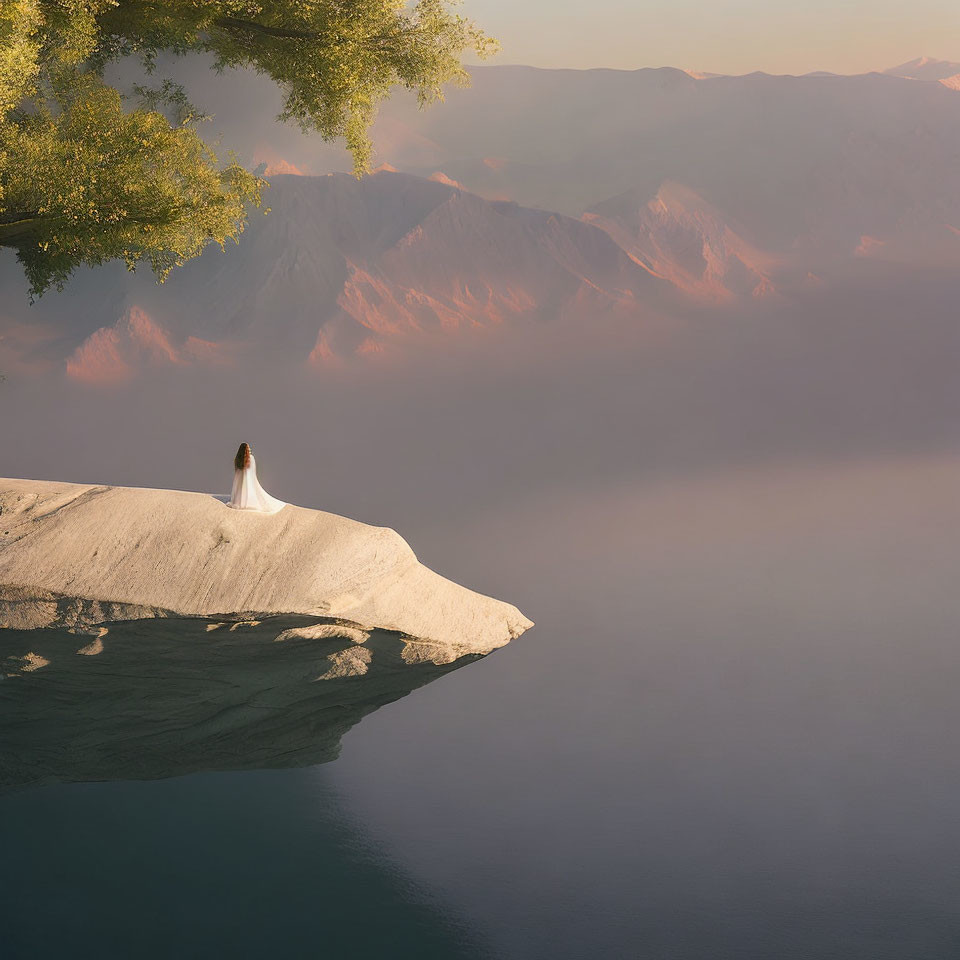 Person in white dress on cliff overlooking misty mountains under warm light.