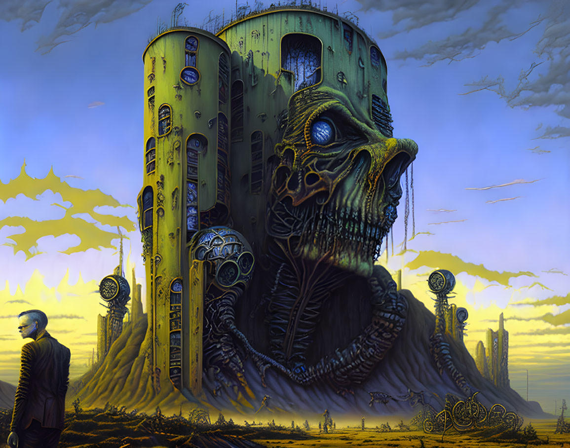 Skull-shaped building with man and industrial pipes against apocalyptic sky