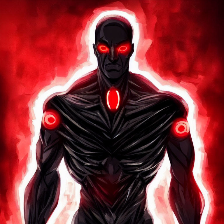 Mysterious dark figure with glowing red eyes and circular red marks on fiery red backdrop