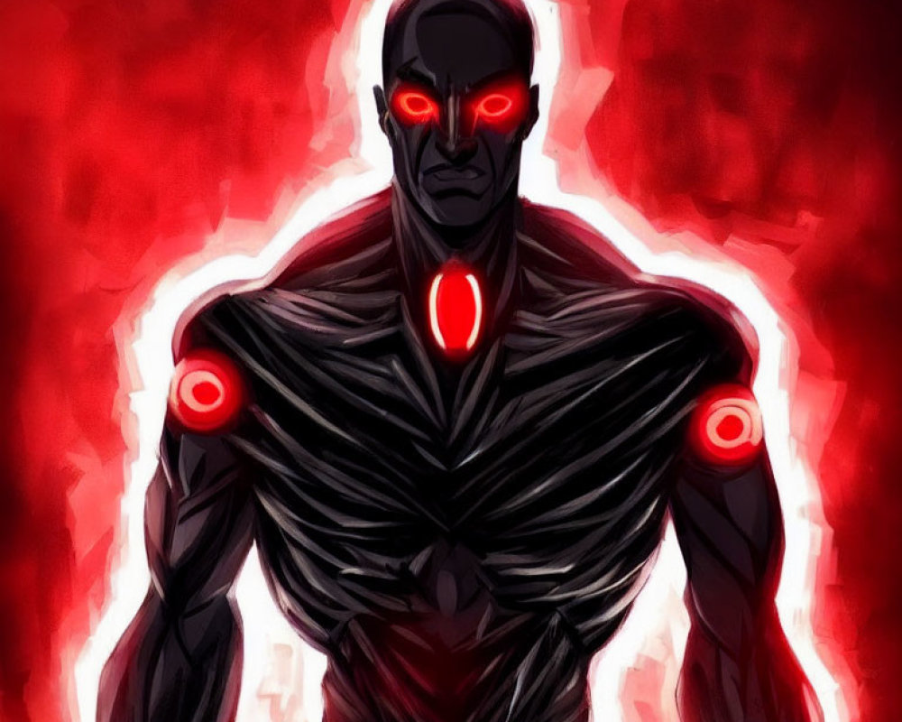 Mysterious dark figure with glowing red eyes and circular red marks on fiery red backdrop