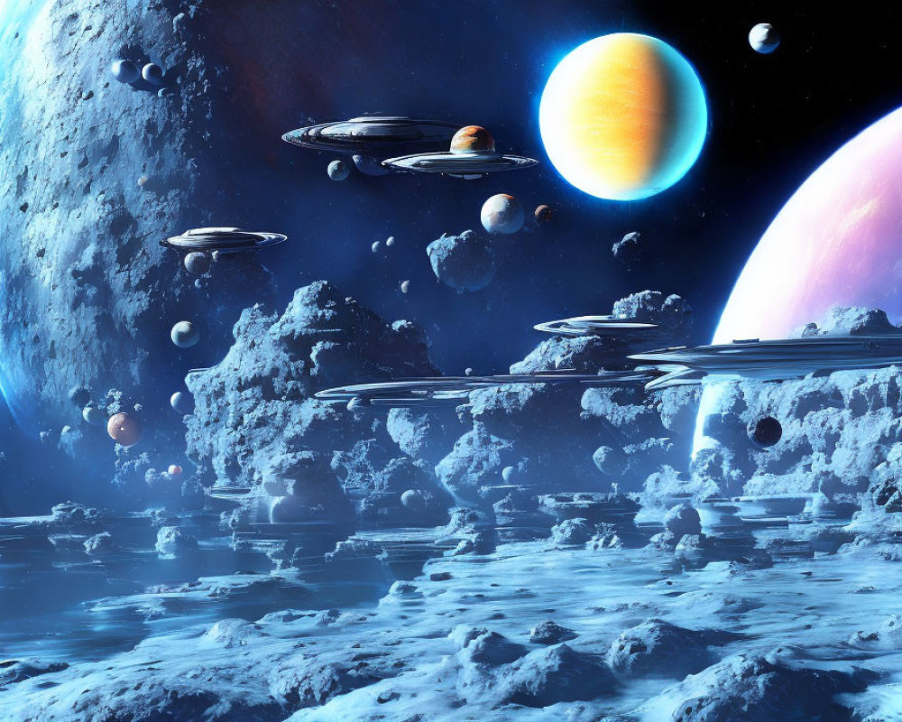 Multiple spaceships and asteroids in sci-fi space scene with blue star and planets