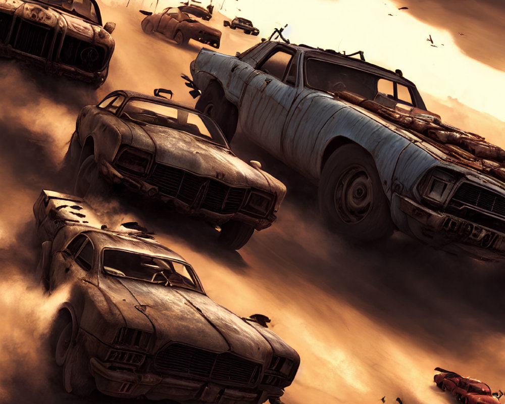 Off-road vehicles racing in dusty apocalyptic landscape under dramatic cloudy sky