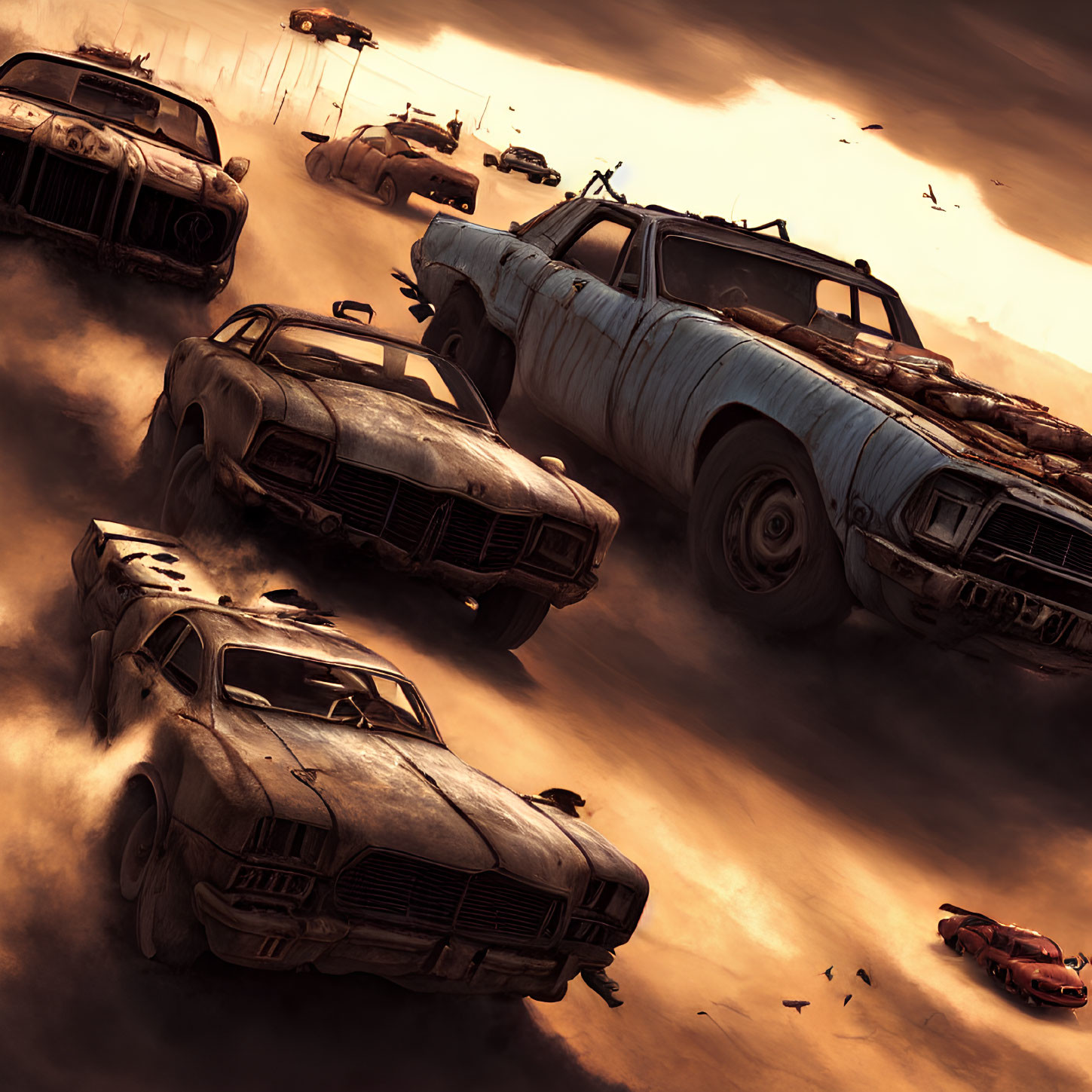 Off-road vehicles racing in dusty apocalyptic landscape under dramatic cloudy sky