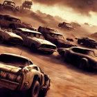 Off-road vehicles racing in dusty apocalyptic landscape under dramatic cloudy sky