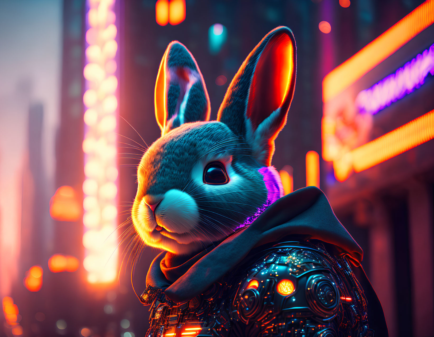 Futuristic robotic rabbit with glowing eyes in neon-lit urban setting