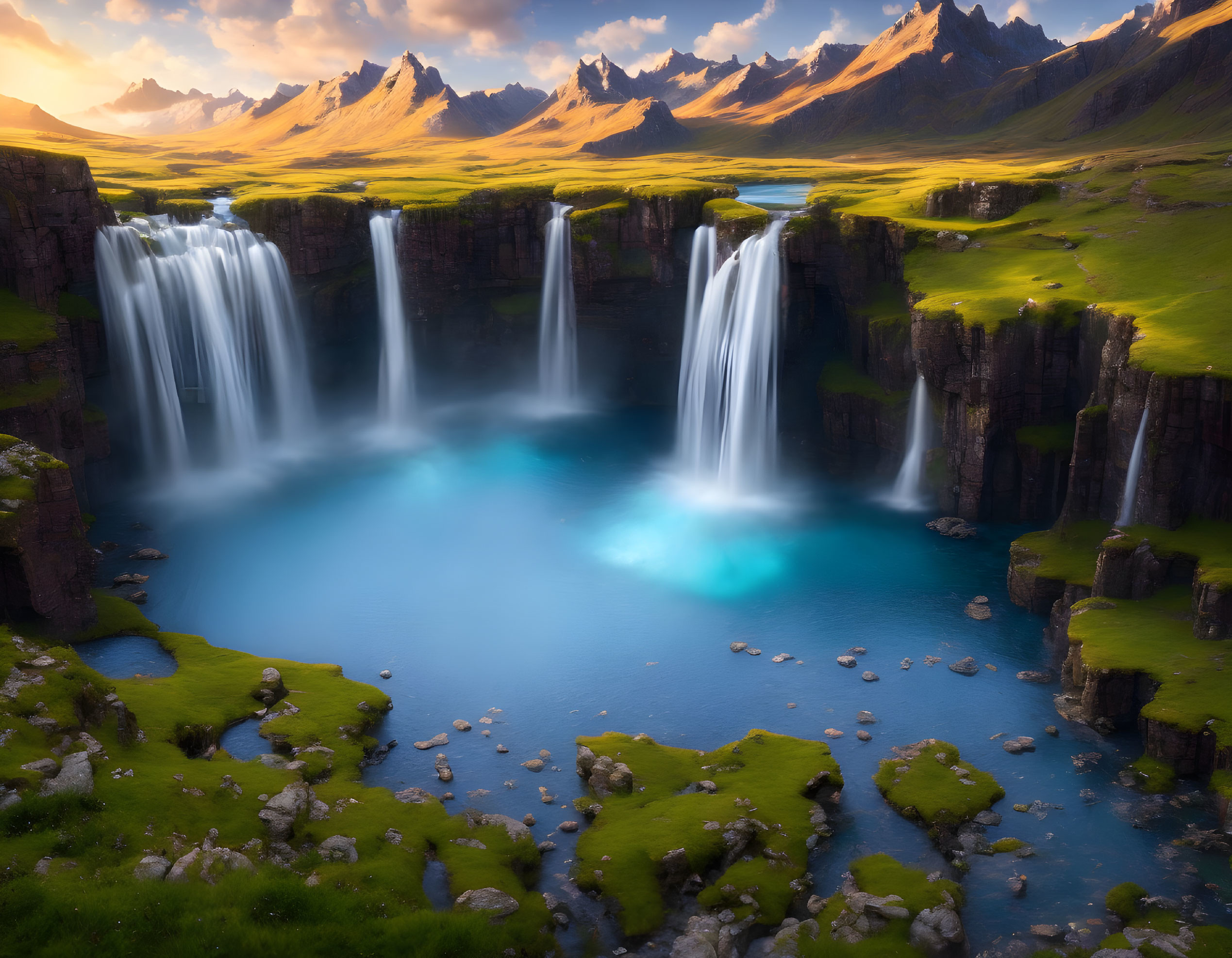 Scenic waterfalls, serene pool, lush grasses, rugged cliffs, sunlit mountains