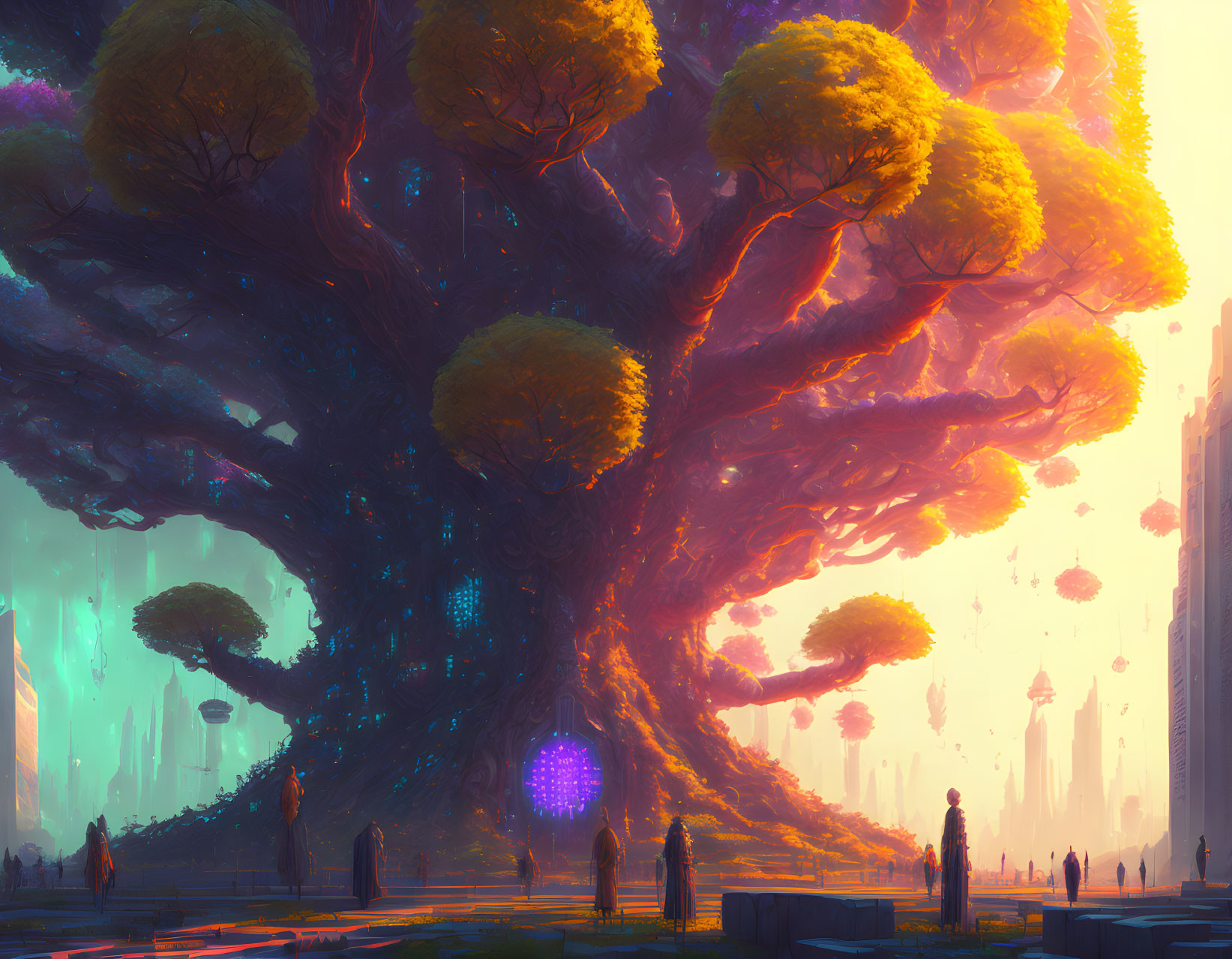 Enormous glowing tree in fantastical cityscape at sunset