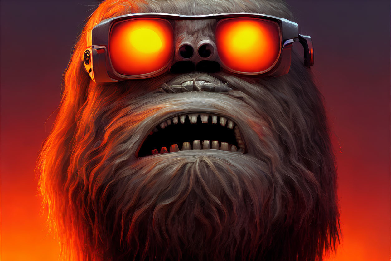 Stylized furry creature with red glowing glasses on red background