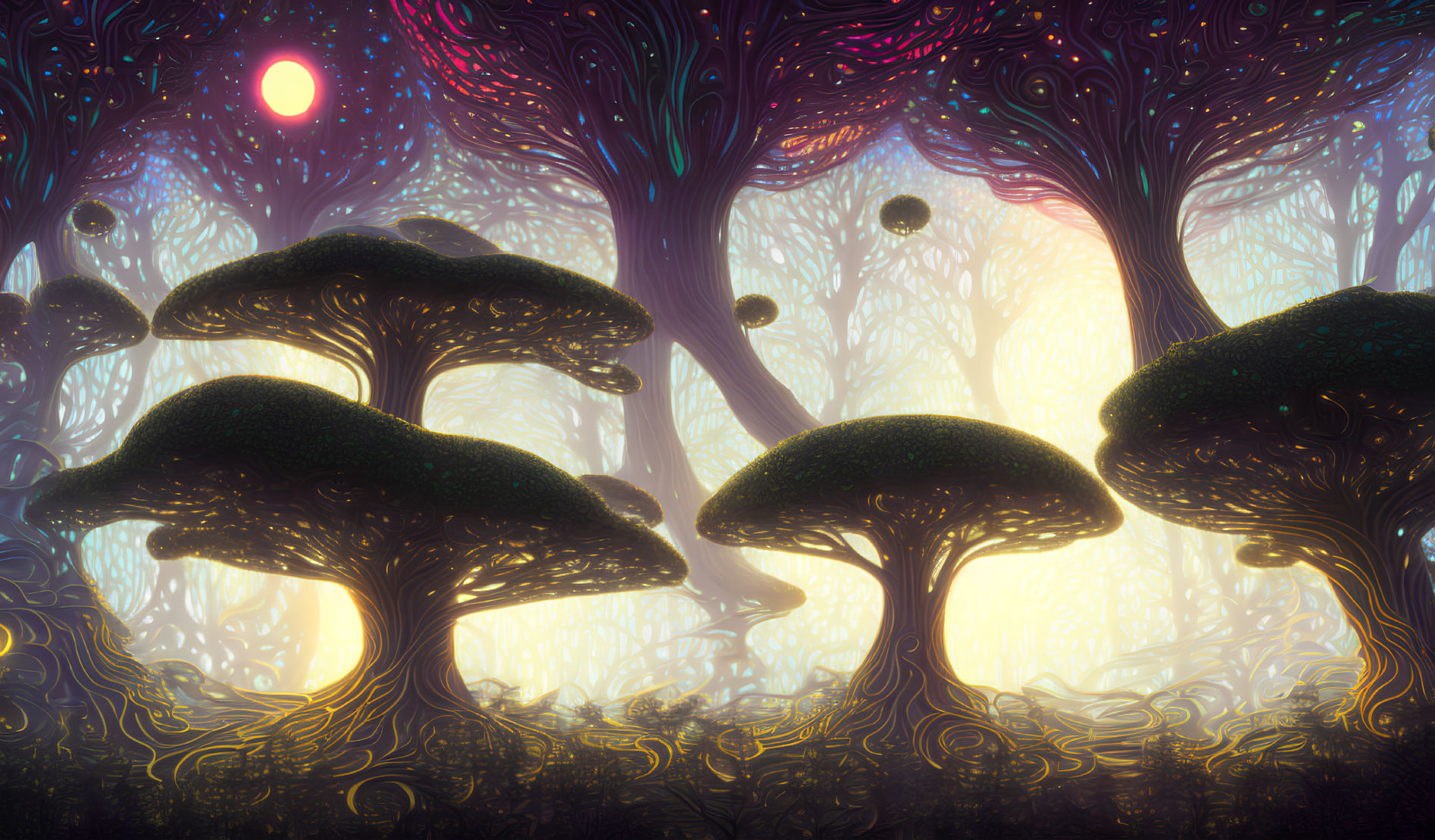 Ethereal forest with oversized mushrooms under twilight sky