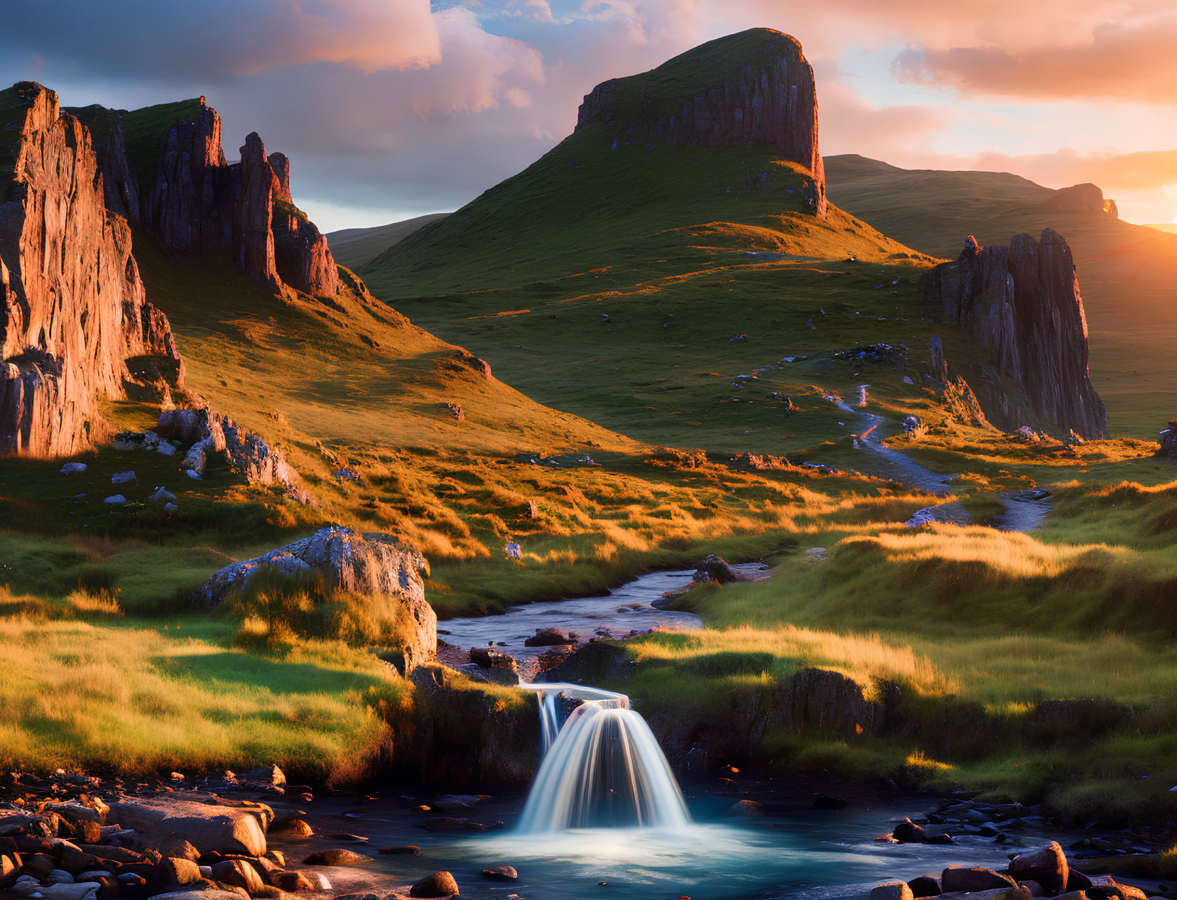 Tranquil sunset landscape with waterfall, stream, cliffs, and hill