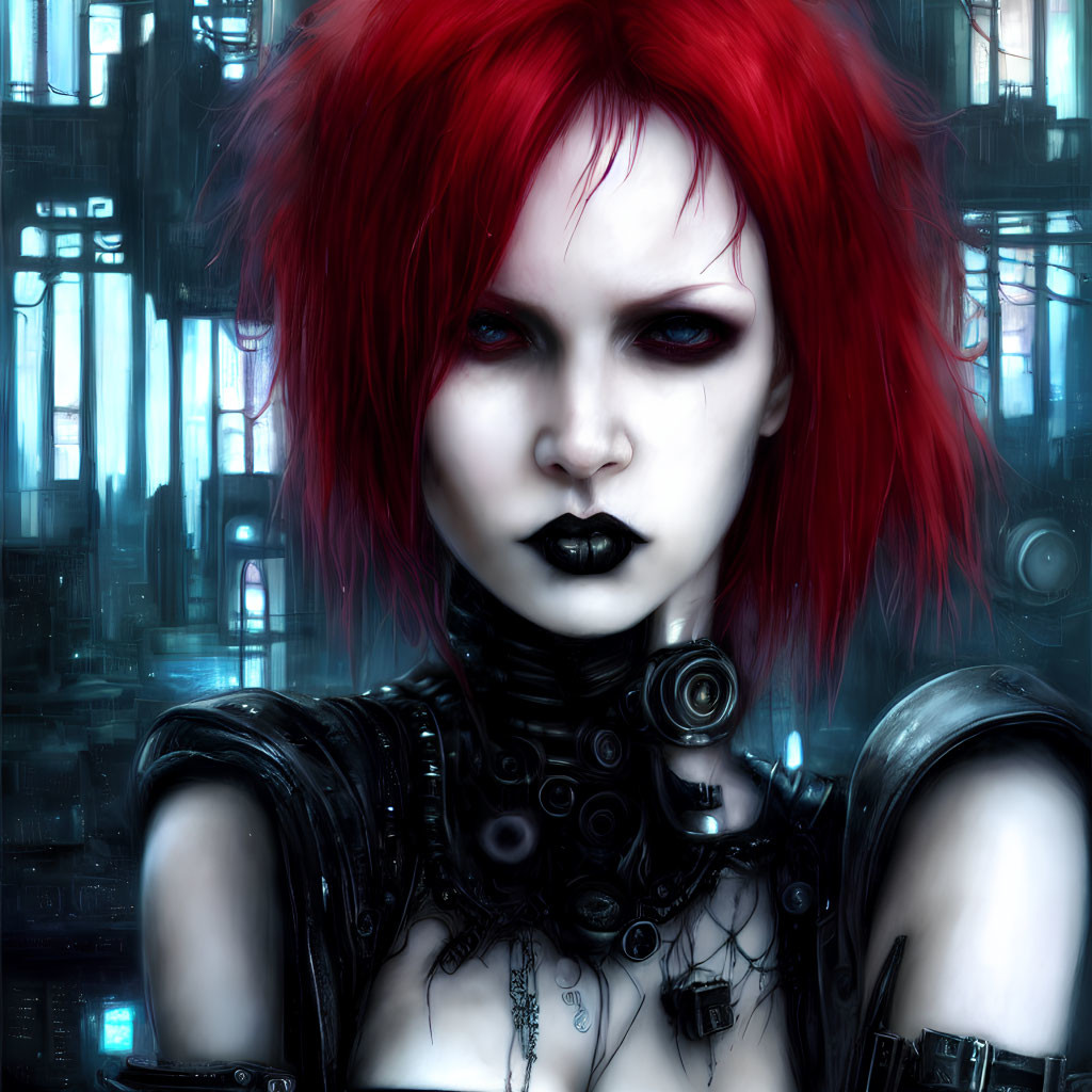 Digital artwork: Woman with red hair, cybernetic enhancements, gothic makeup, in futuristic city