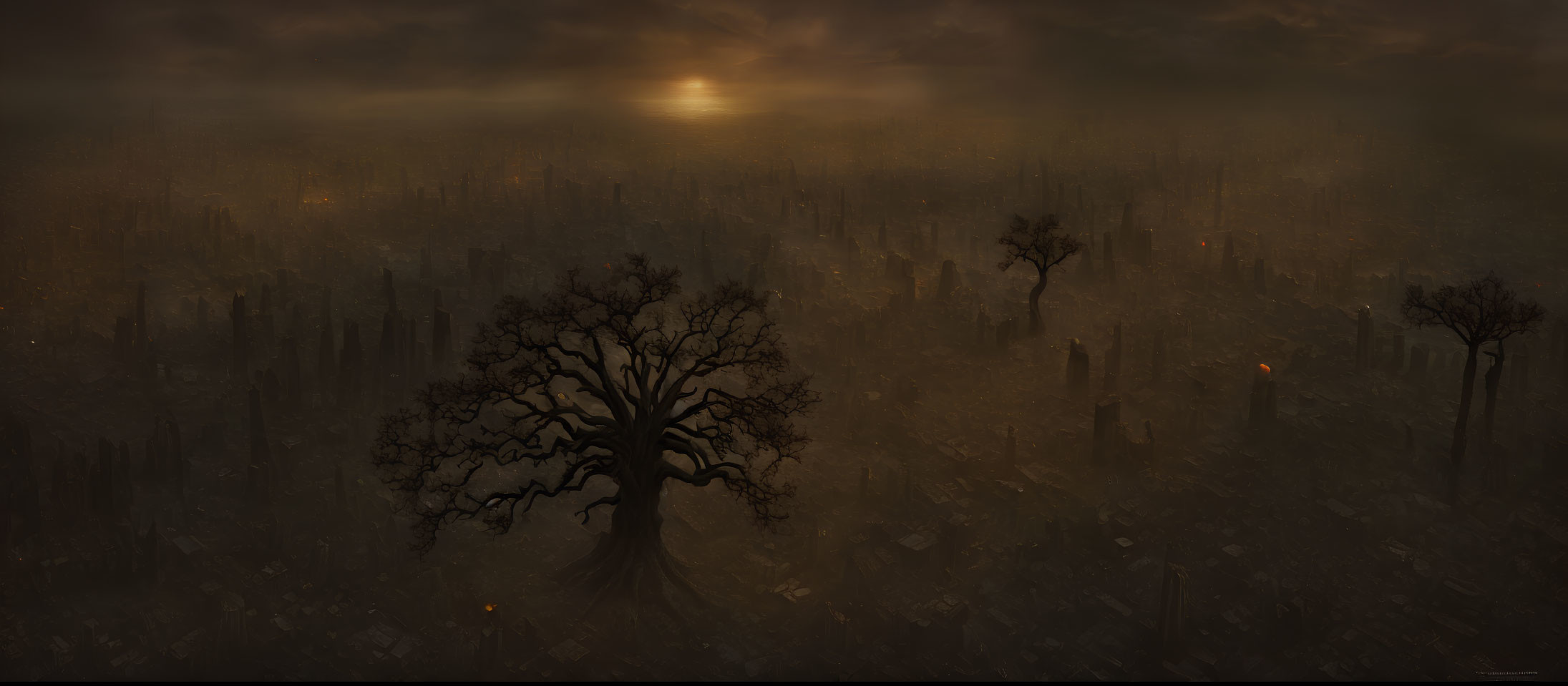 Dystopian landscape with solitary tree and ruins under dim sunset